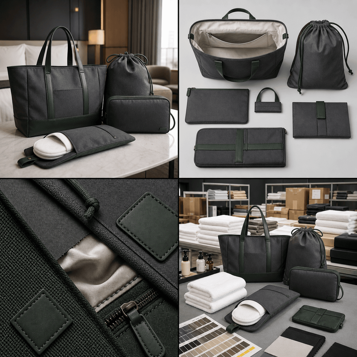 Hospitality bag development reference showing coordinated guest bags, pouches and logo placement details