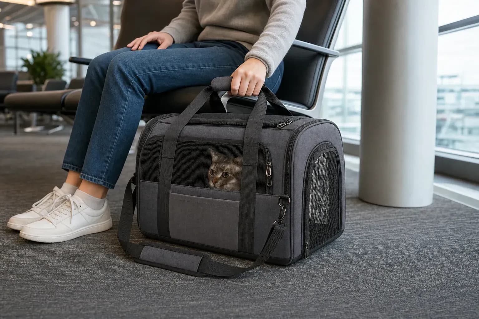 European woman travelling with a cat in the PT001 UrbanAir soft-sided pet carrier at an airport