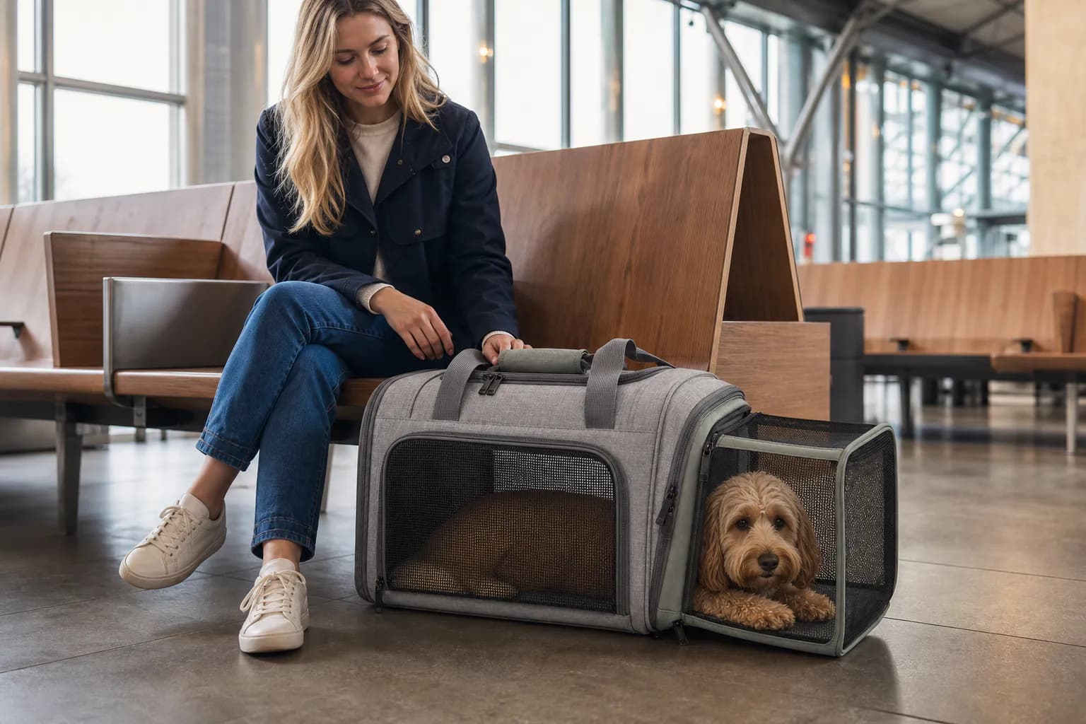 European woman using the PT002 ExpandAir expandable pet carrier with a small dog at a train station