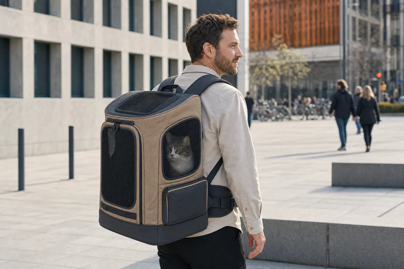 European man carrying a cat in the PT003 MetroPaw pet carrier backpack in an urban plaza