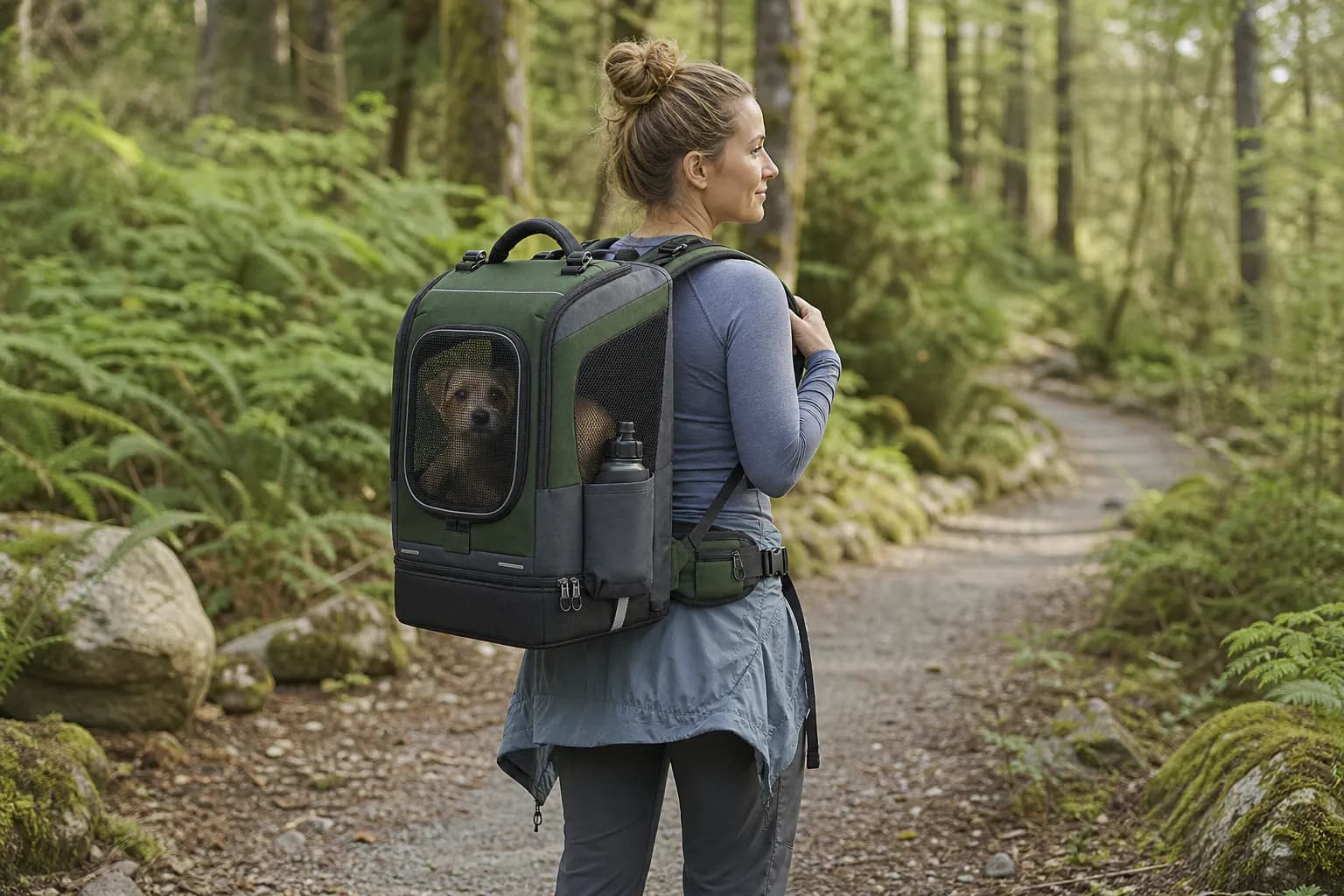 European woman hiking with a dog in the PT004 TrailPaw outdoor pet carrier backpack