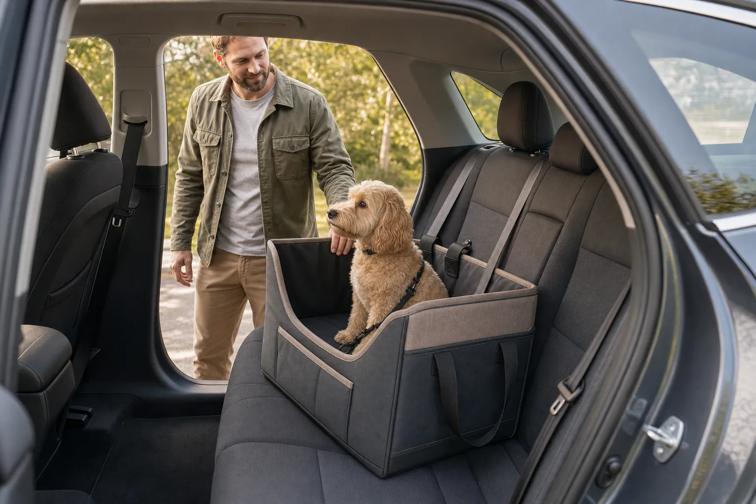North American man securing a dog beside the PT005 RoadNest pet car seat travel bag in a parked vehicle