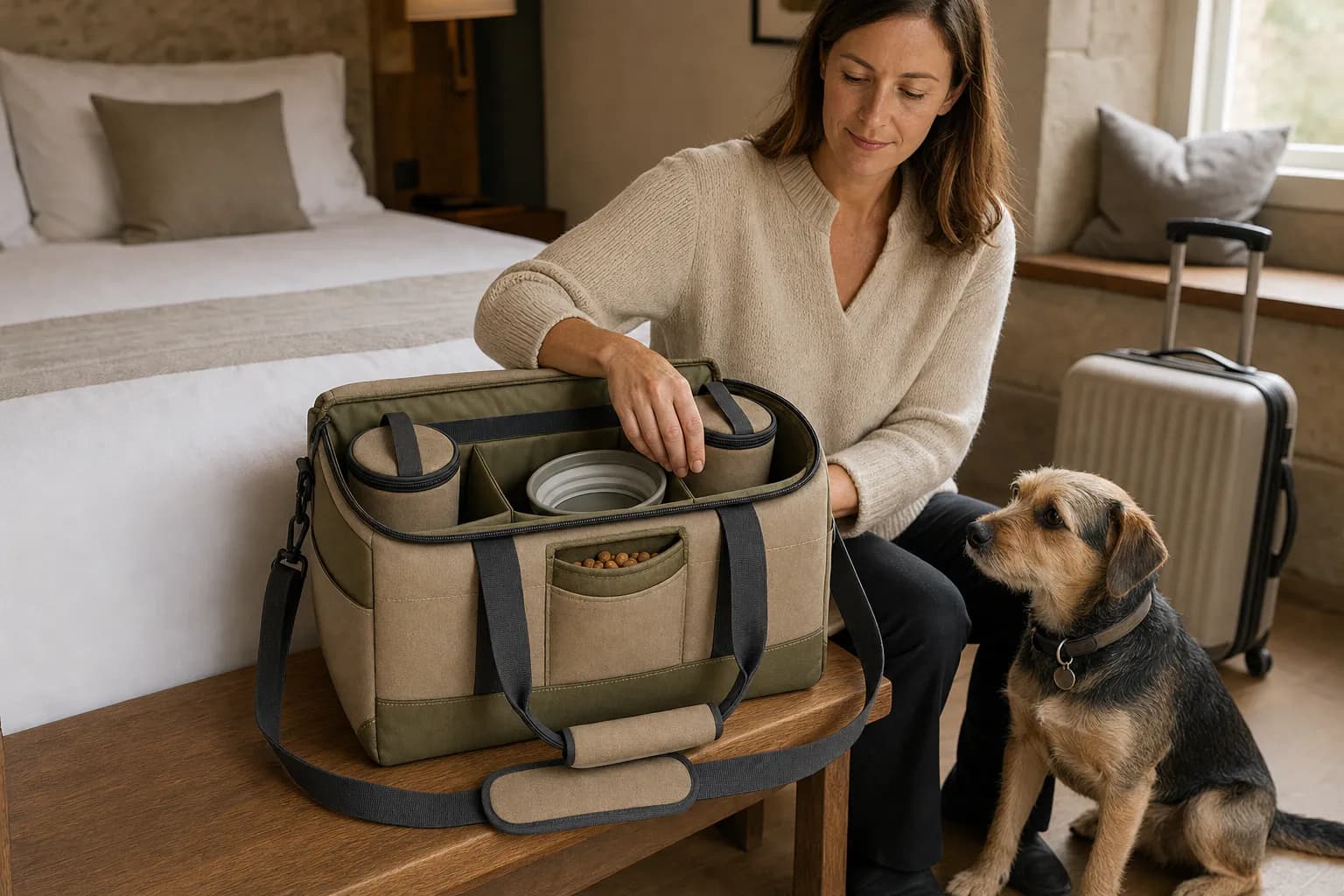 European woman packing the PT006 Weekender pet travel organizer with a dog nearby in a hotel room