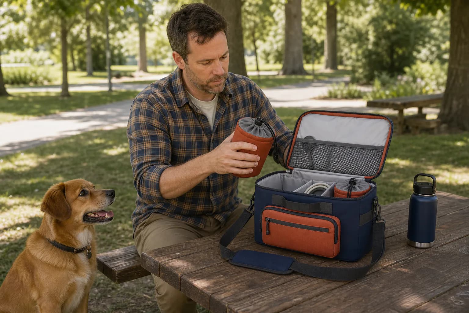 North American man feeding a dog outdoors using the PT007 FeedMate pet feeding organizer