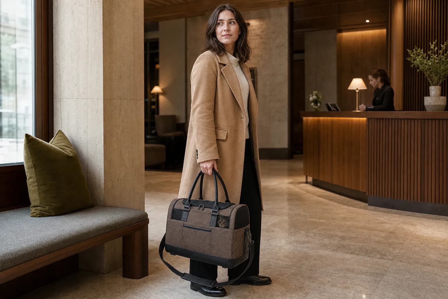 European woman carrying a cat in the PT008 CityPaw premium pet carrier tote at a boutique hotel