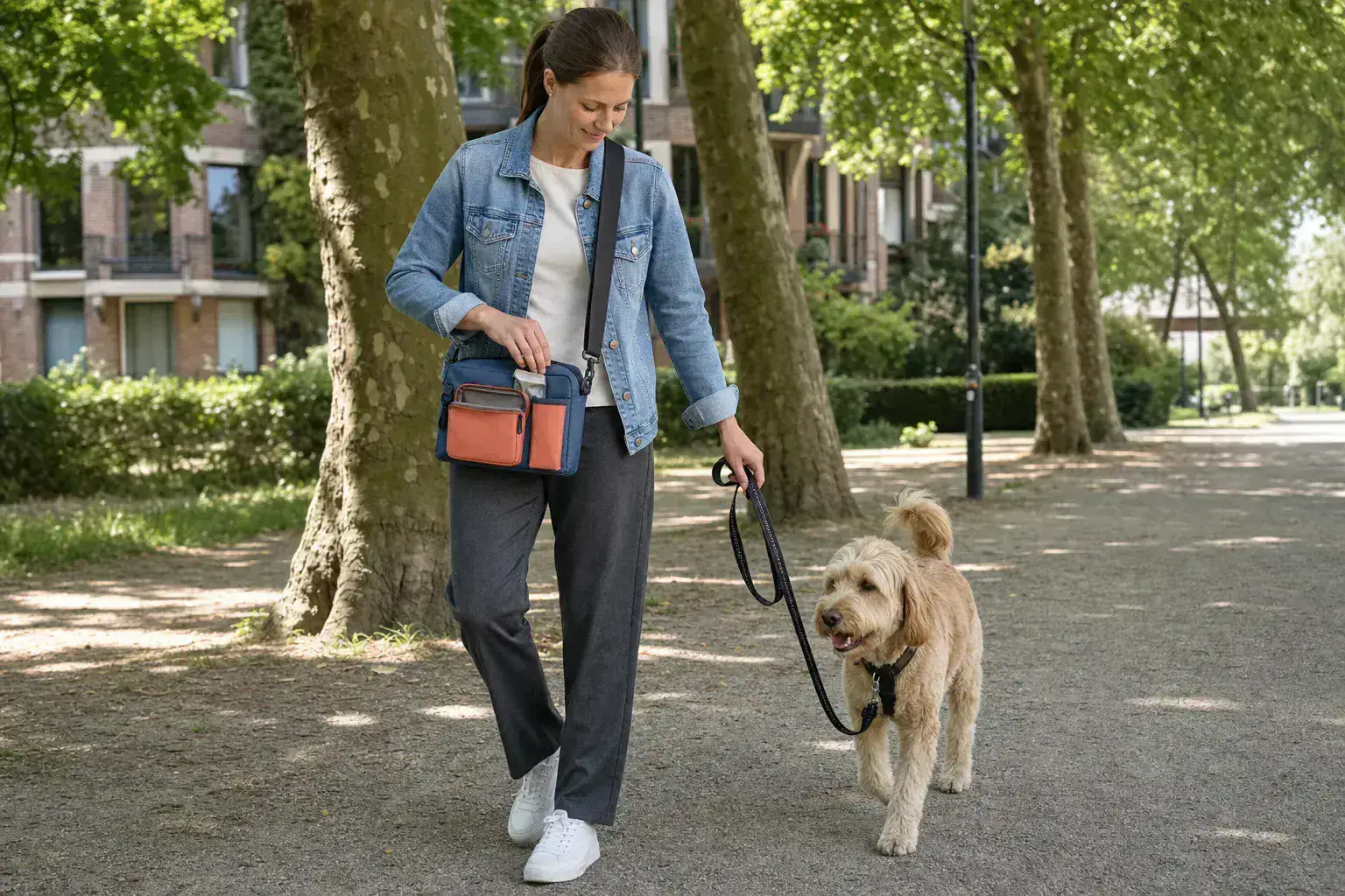 European woman walking a dog with the PT009 WalkReady pet walking crossbody bag