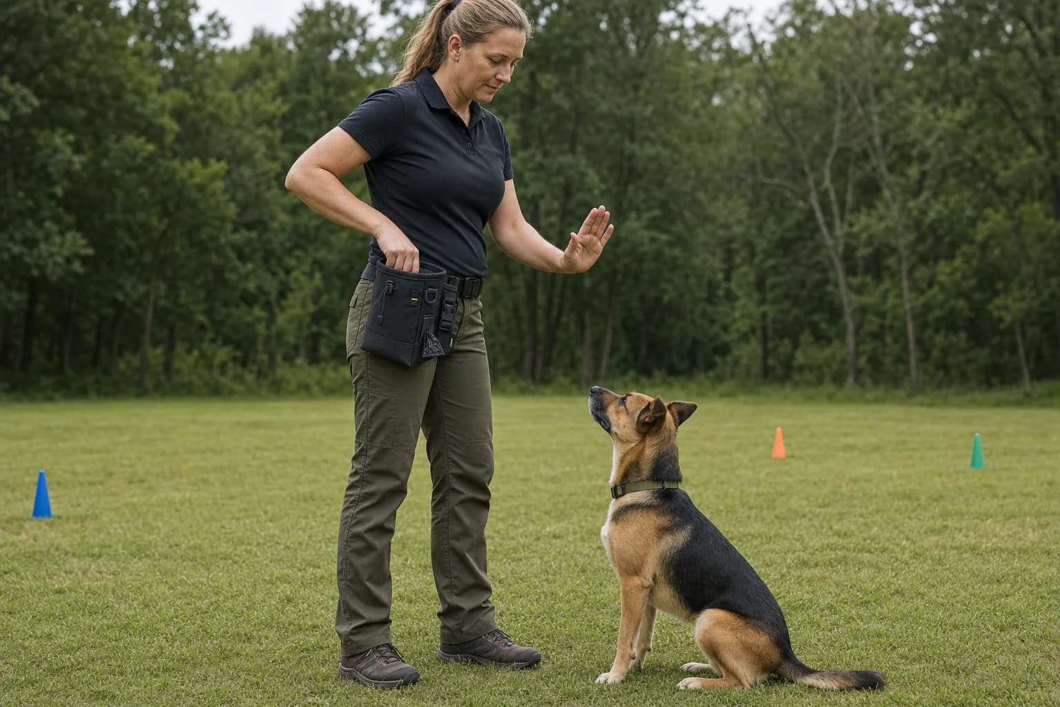 North American woman training a dog while wearing the PT010 TrainPro dog training treat pouch