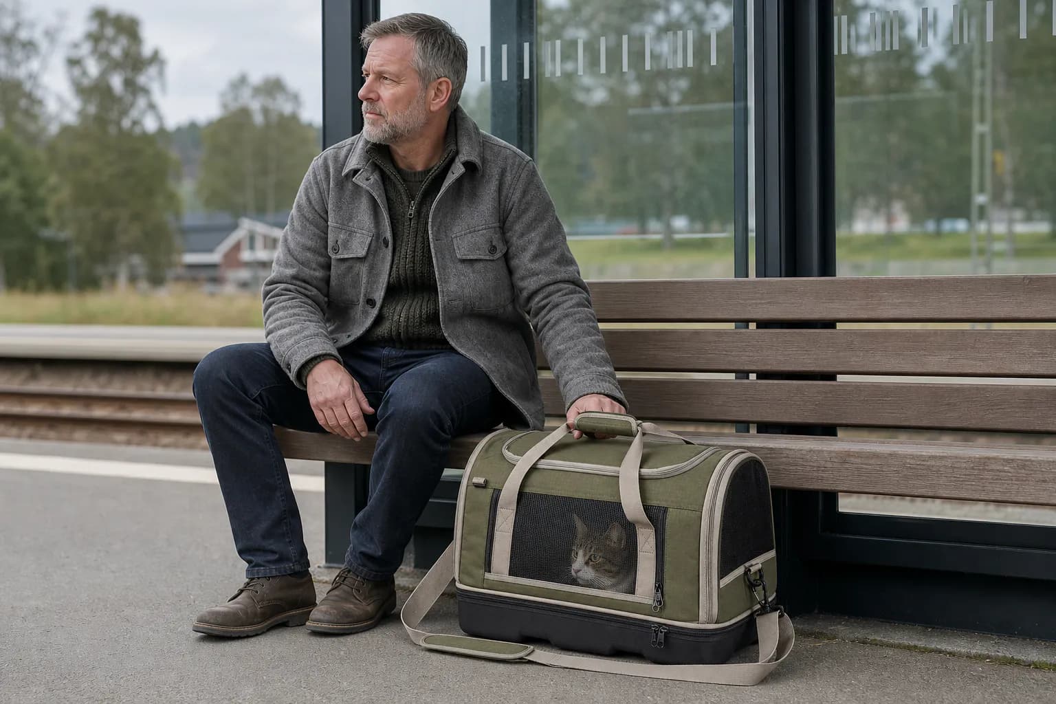Northern European man travelling by rail with a cat in the PT011 EcoPaw recycled-material pet carrier