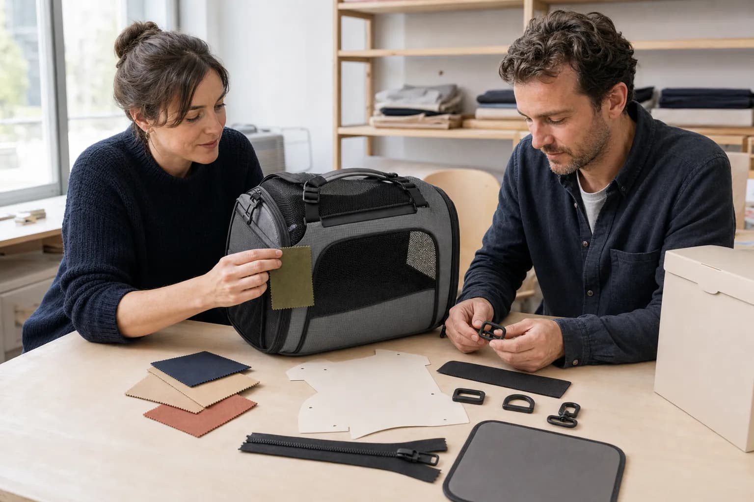 Two European product developers reviewing the PT012 FlexForm custom OEM pet bag prototype and components