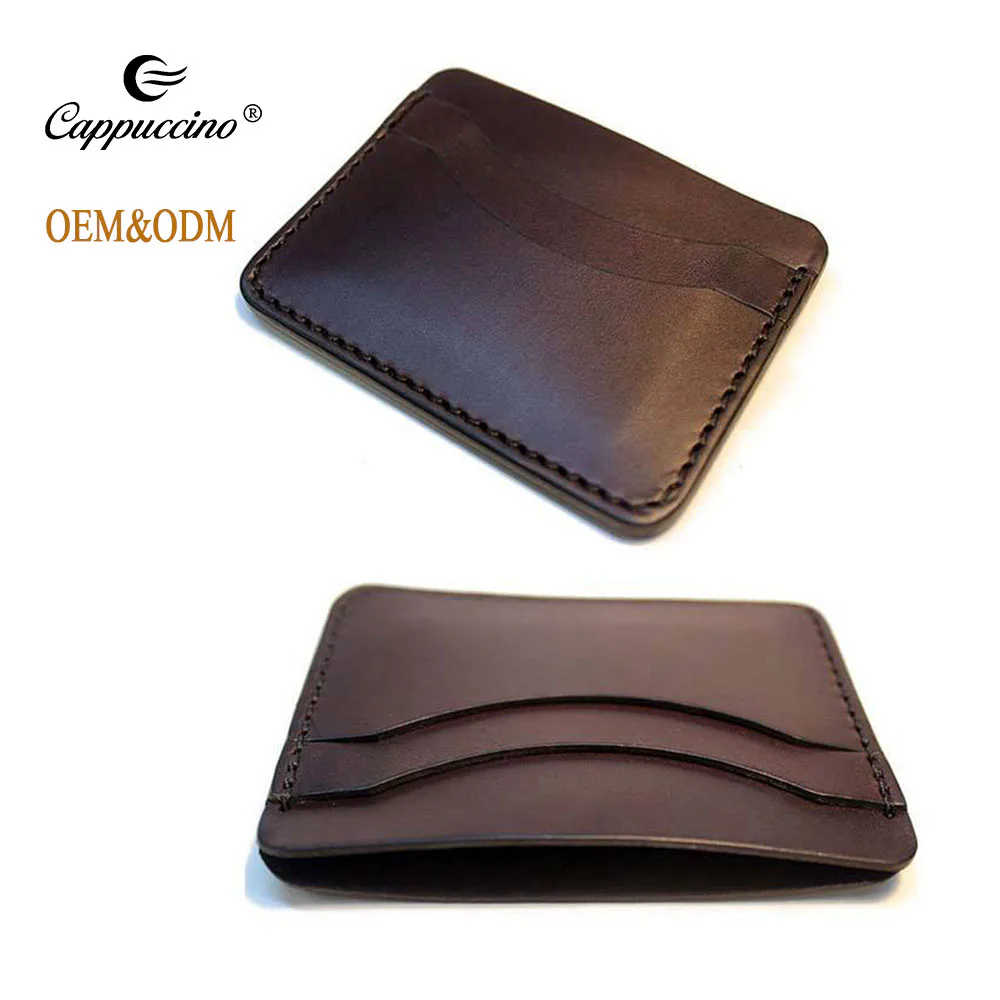 Brown full-grain vegetable-tanned leather card holder shown from two angles