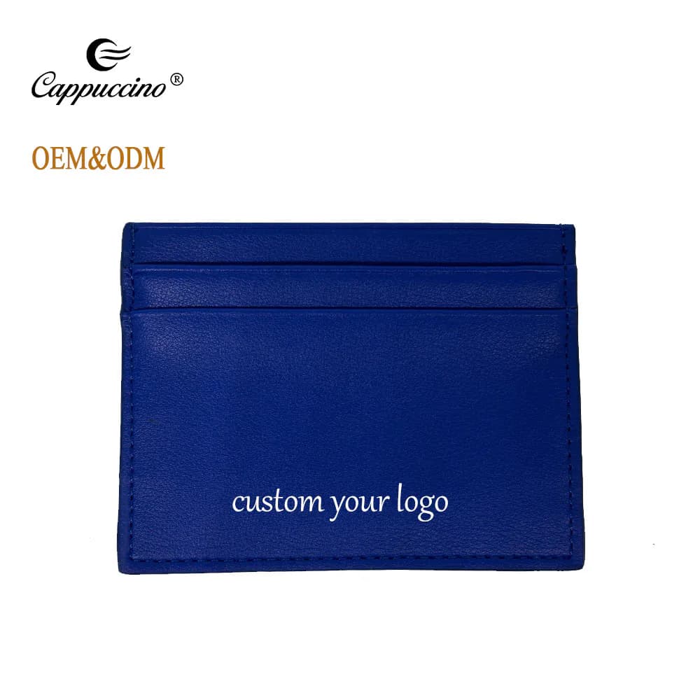 Blue genuine leather RFID card holder with a marked custom logo position