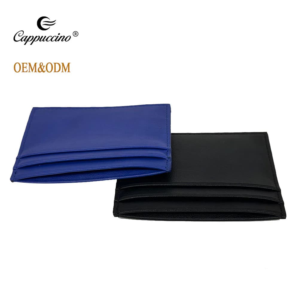 Side profile of blue and black slim leather card holders