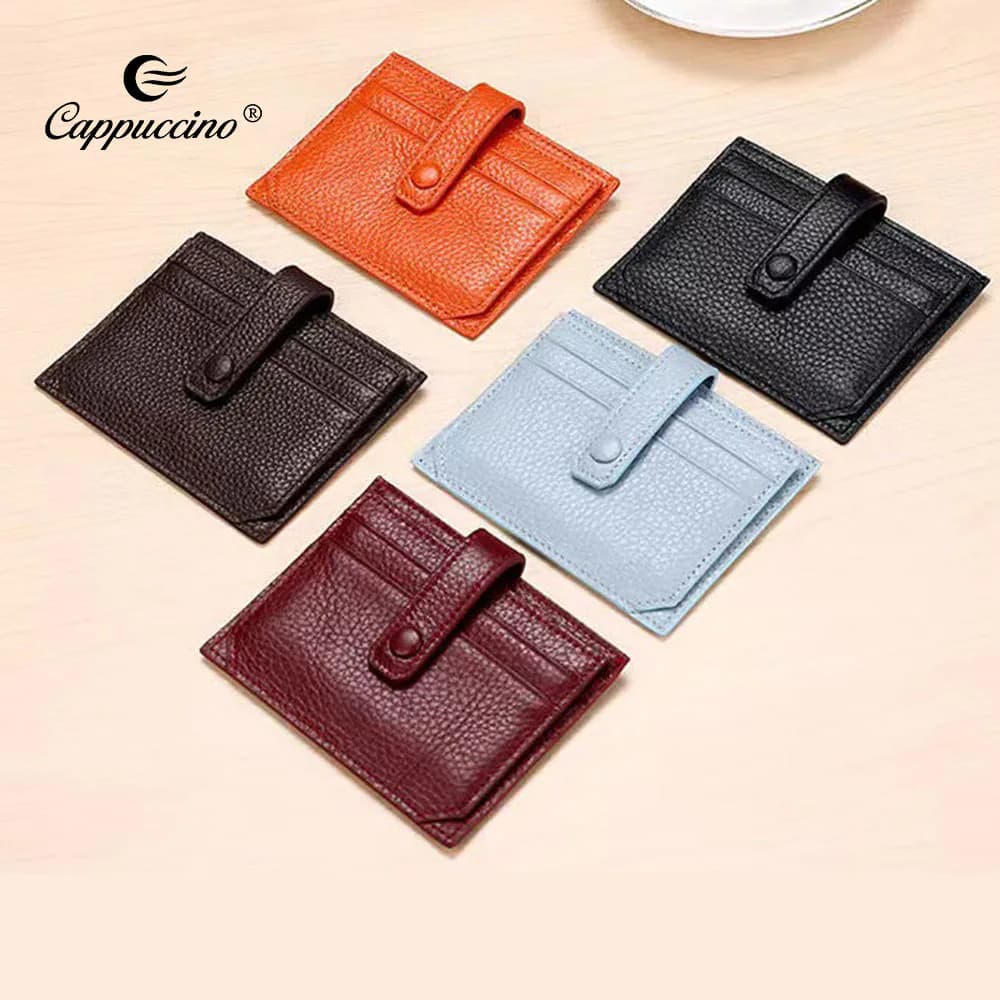 Five genuine leather snap-closure card holders in different colors