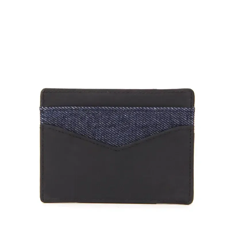 Black pull-tab card holder with a blue contrasting rear panel