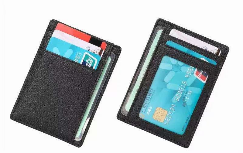 Front and back views of a black RFID ID card holder