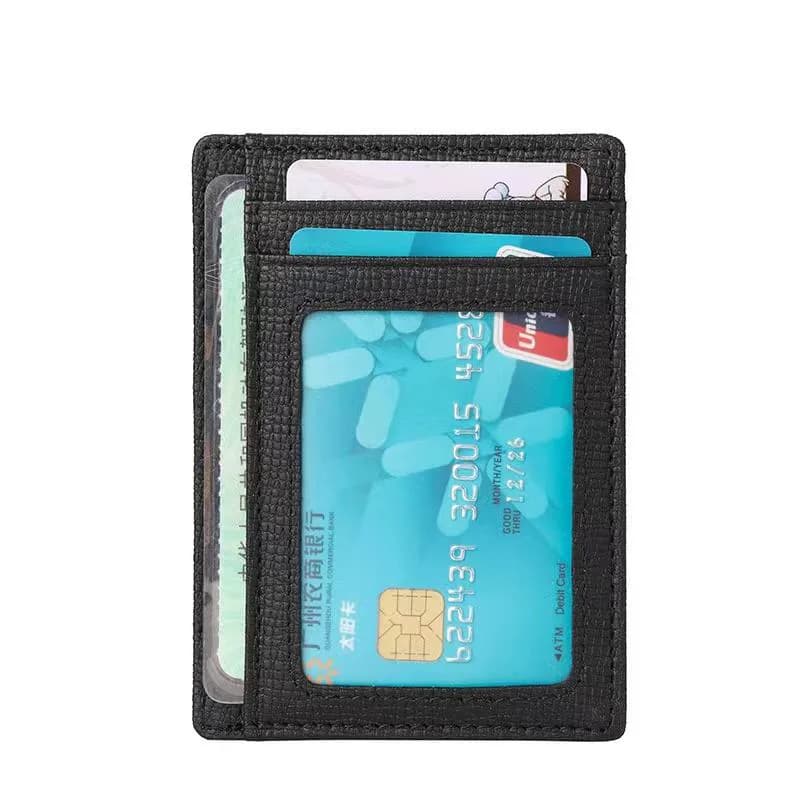 Black cross-grain card holder showing its ID window and card slots