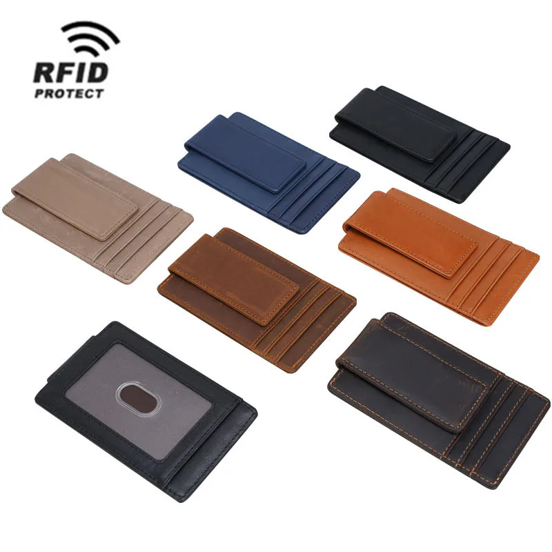 Leather RFID money clip card holders shown in black, blue and brown