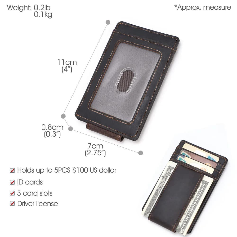 Dimension diagram for the leather RFID money clip card holder