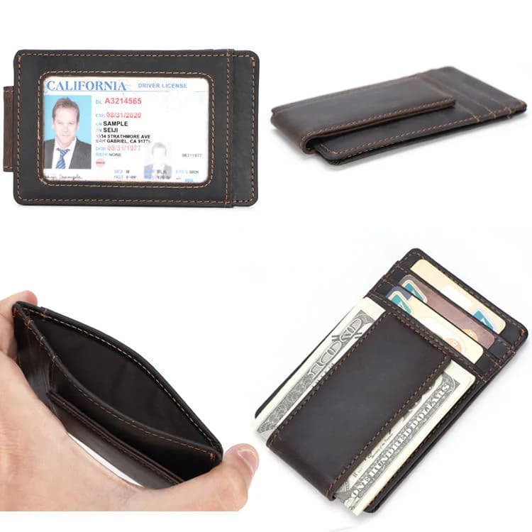 Leather money clip card holder showing the ID window and card pockets