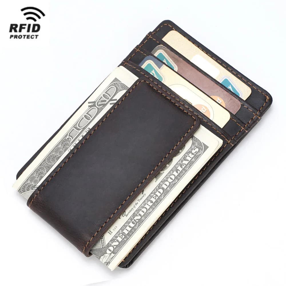 Brown leather card holder with the magnetic money clip holding notes