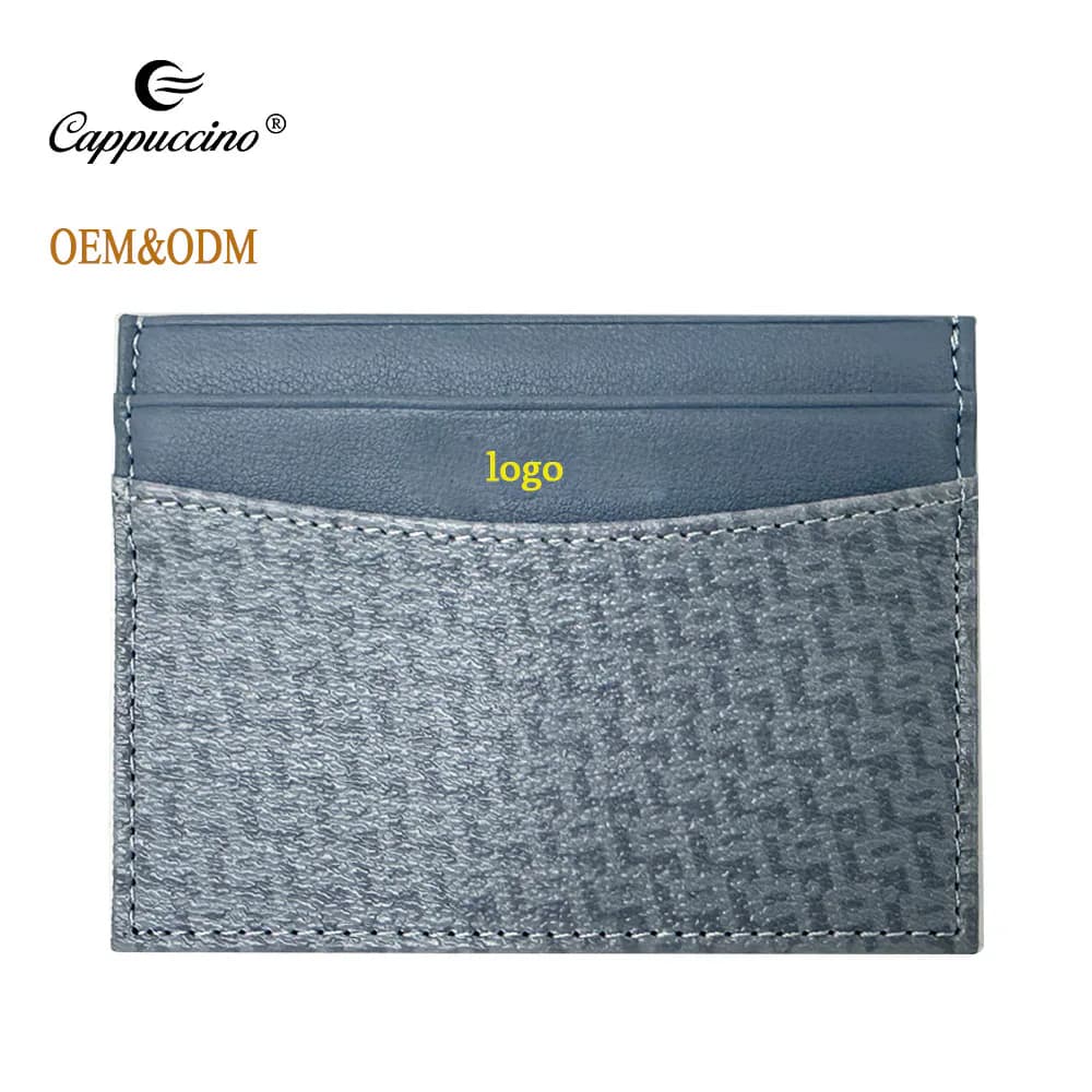 Grey patterned leather card holder with visible exterior pockets