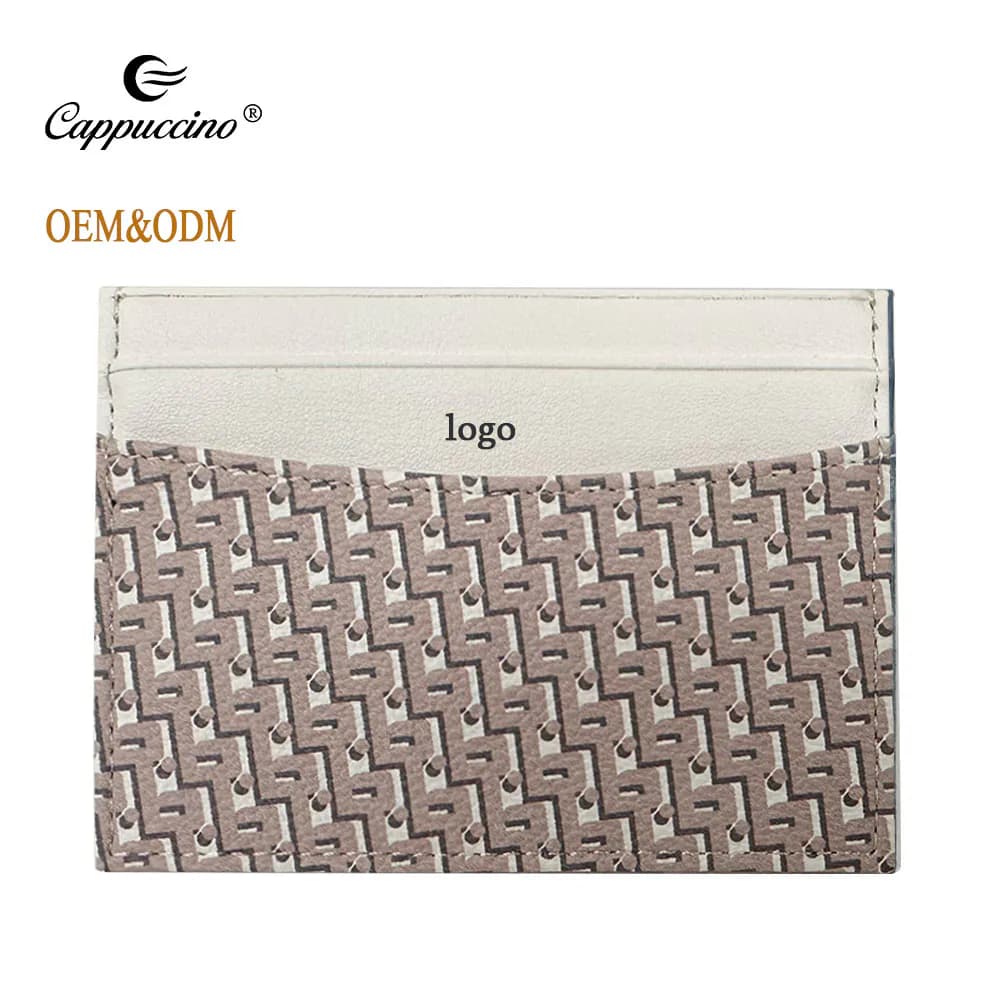 Cream and grey patterned slim card holder with a marked logo position
