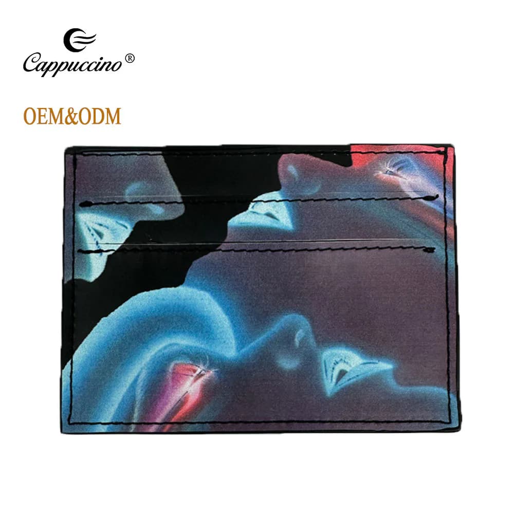 Dark abstract-print RFID card holder with visible exterior pockets