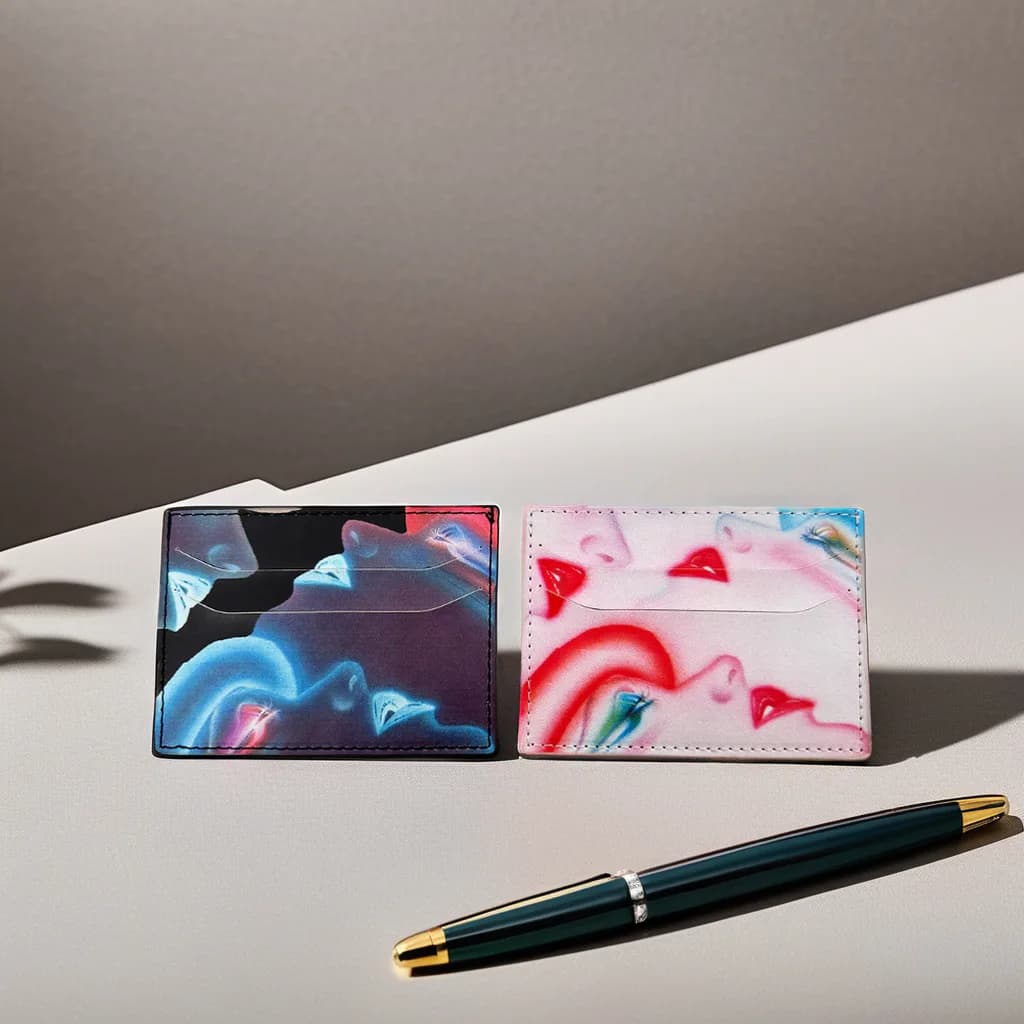Two printed RFID card holders displayed beside a pen