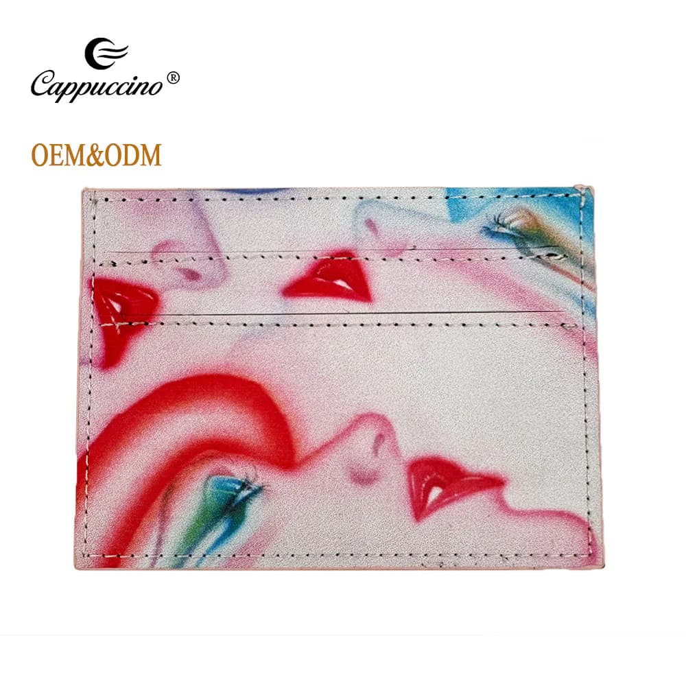 Light abstract-print RFID card holder with visible exterior pockets