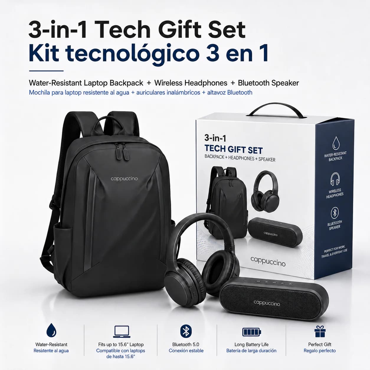 3 in 1 tech gift set with water resistant laptop backpack wireless headphones and bluetooth speaker