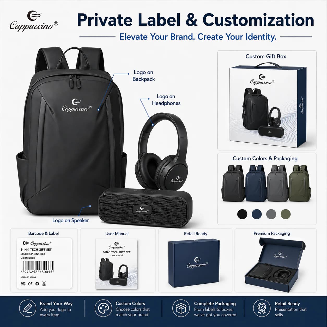 private label customization for backpack speaker gift box barcode and manual