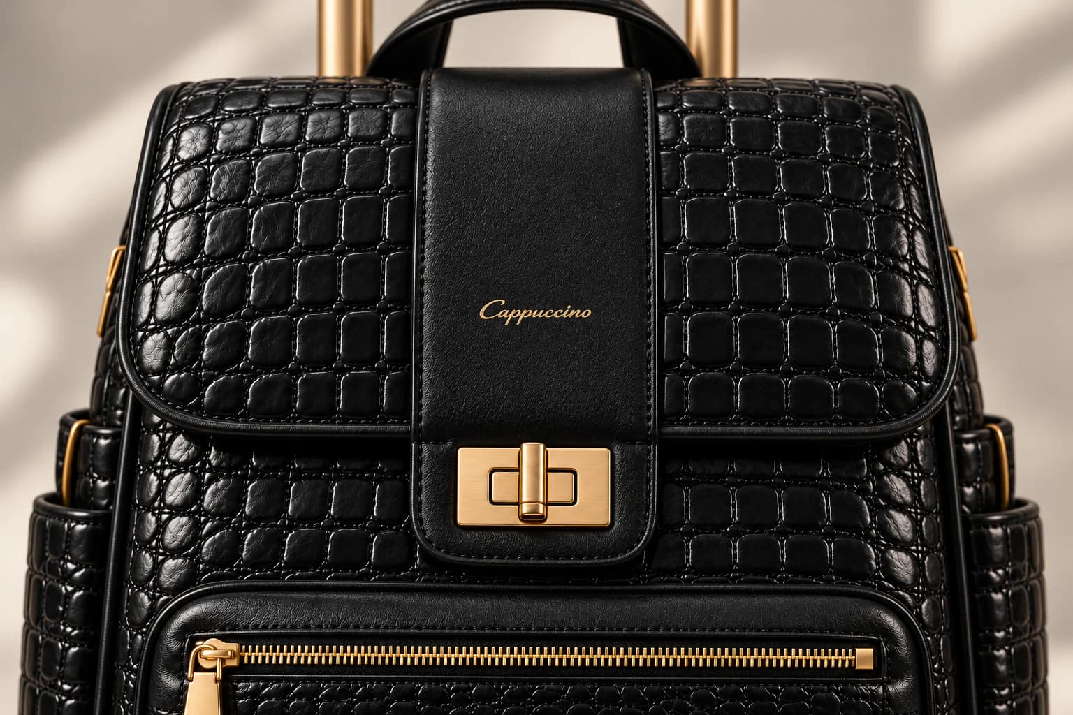 Black crocodile-effect embossing, center logo panel and gold-tone clasp design detail