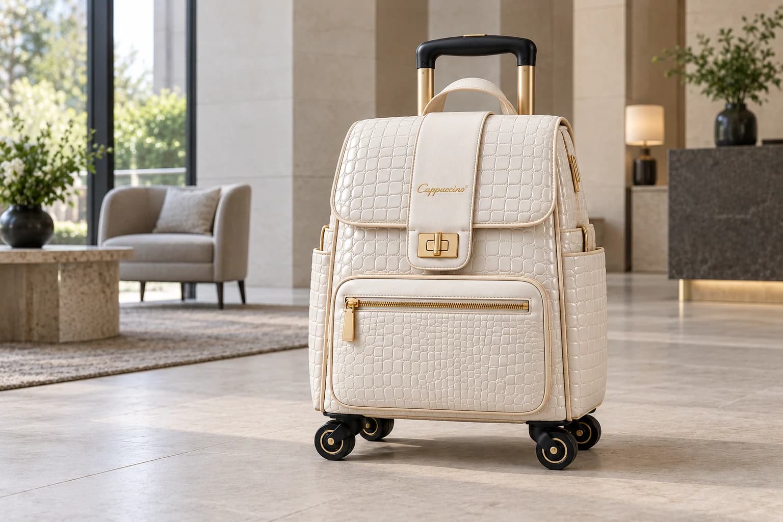 Ivory croc-embossed trolley backpack concept in a hotel lobby