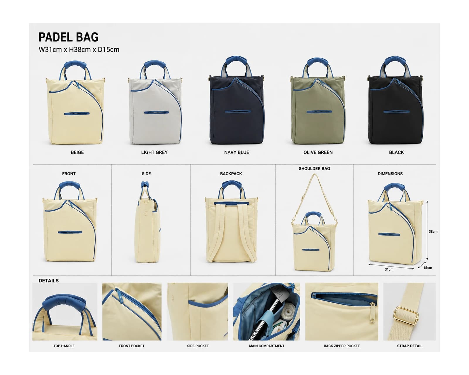 PDB001 digital catalogue showing colour directions, carry angles, dimensions and bag details