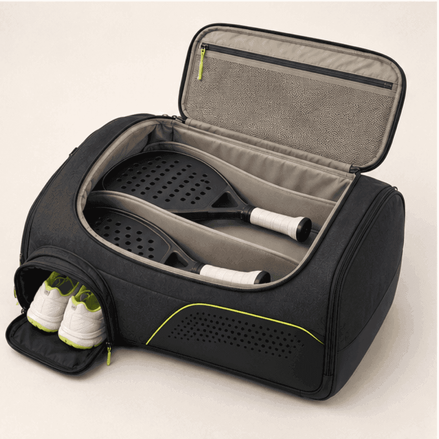 Open padel racket duffel with protected racket storage
