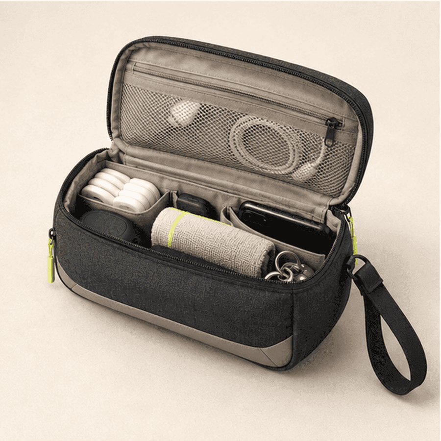 Open padel organizer with grips cables keys and personal items