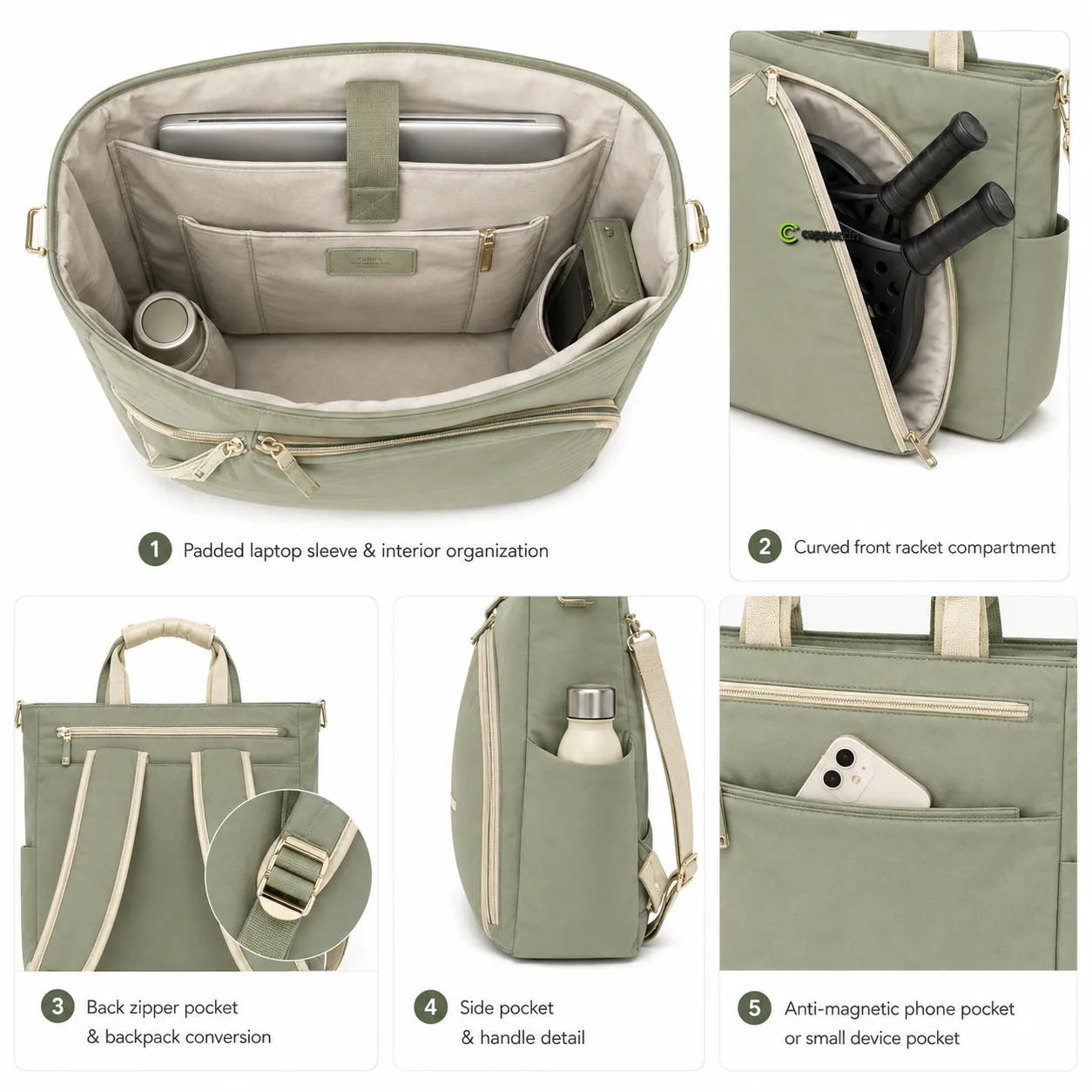 Cappuccino PDB014 detail views showing laptop sleeve, racket pocket, back pocket and bottle pocket
