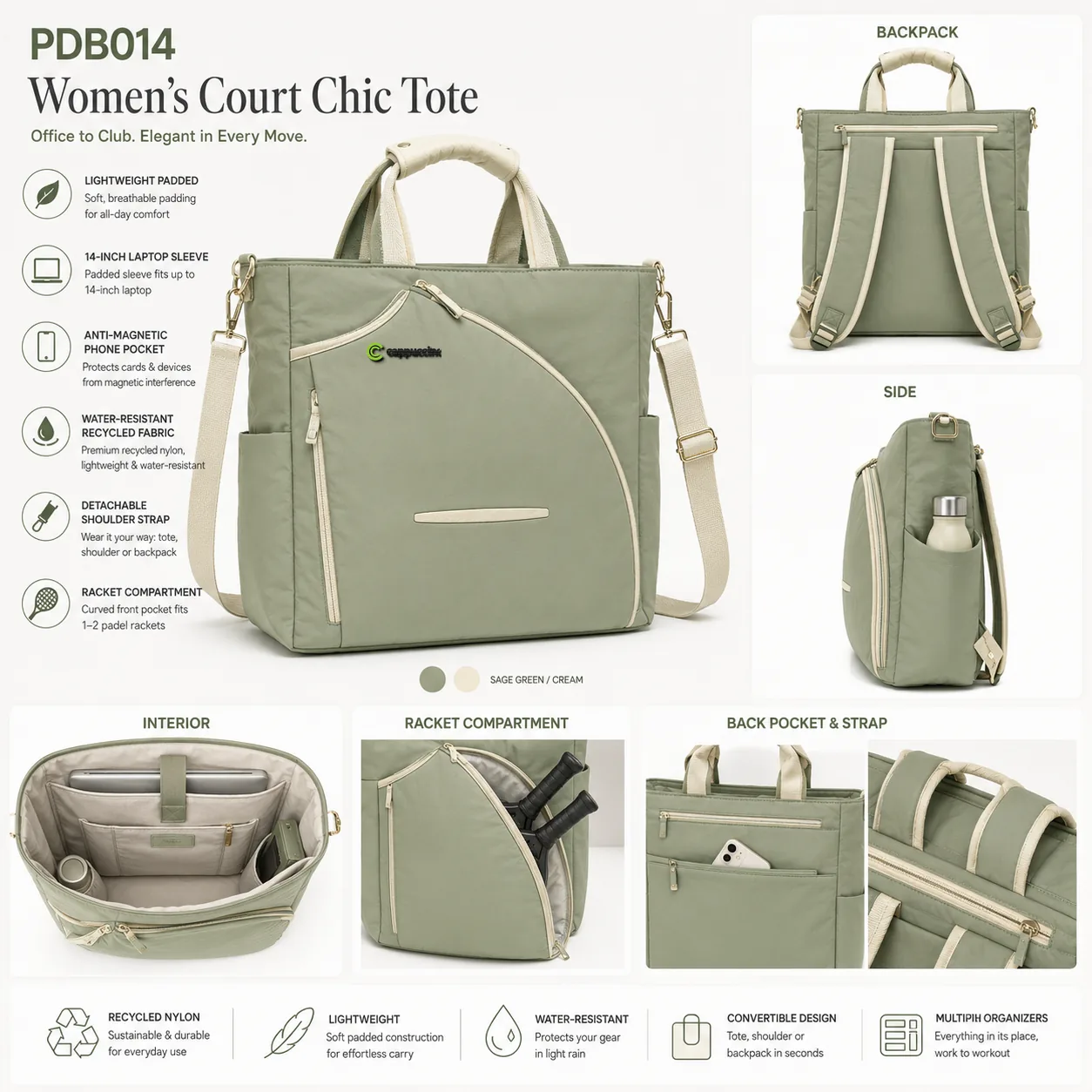 Cappuccino PDB014 women’s office-to-court padel tote feature infographic