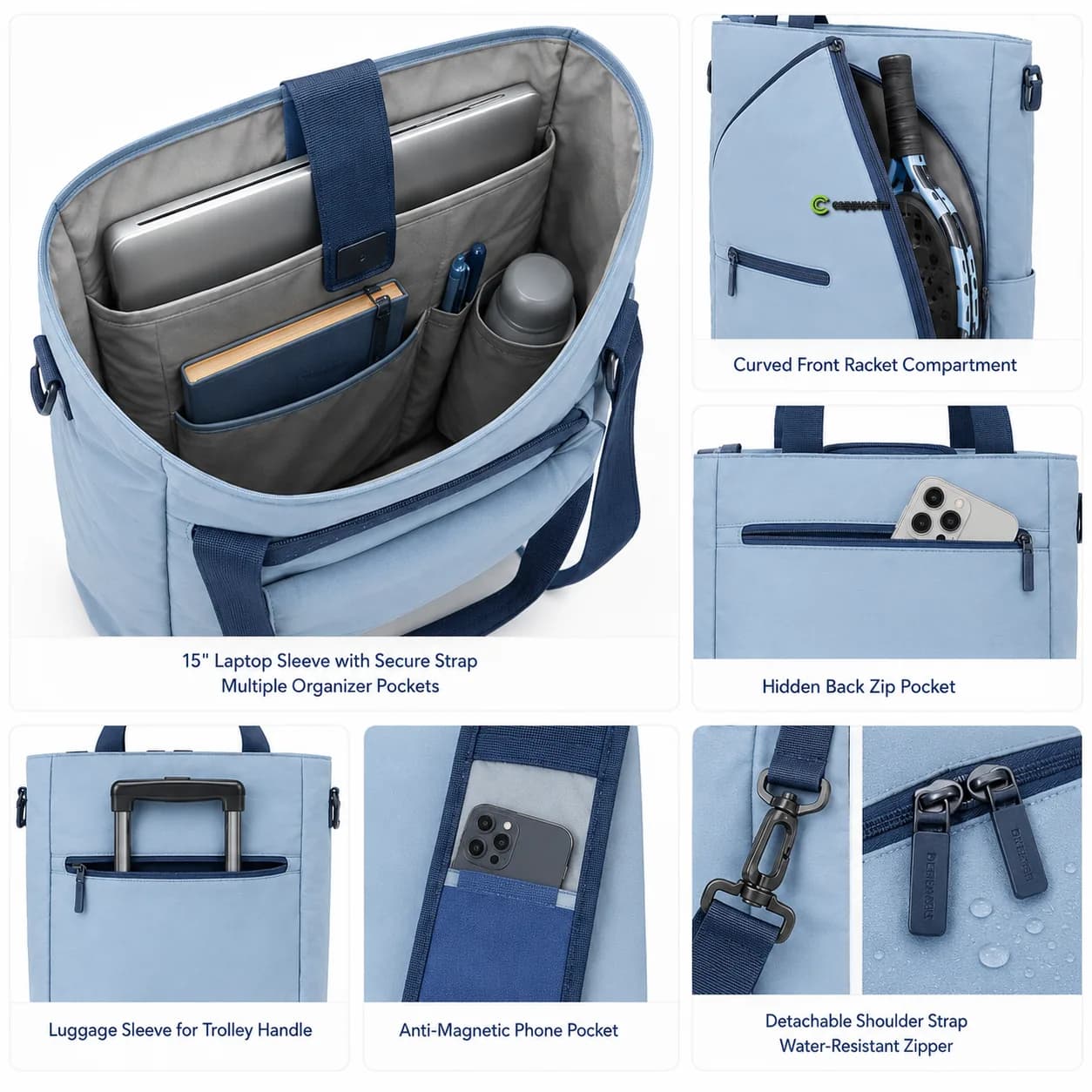 Cappuccino PDB015 detail views with 15-inch laptop sleeve, curved racket compartment and luggage sleeve