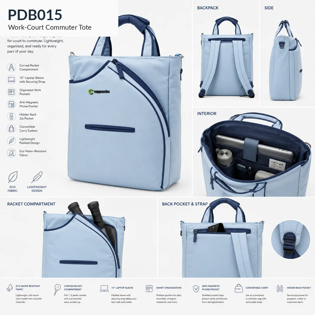 Cappuccino PDB015 commuter padel tote feature infographic