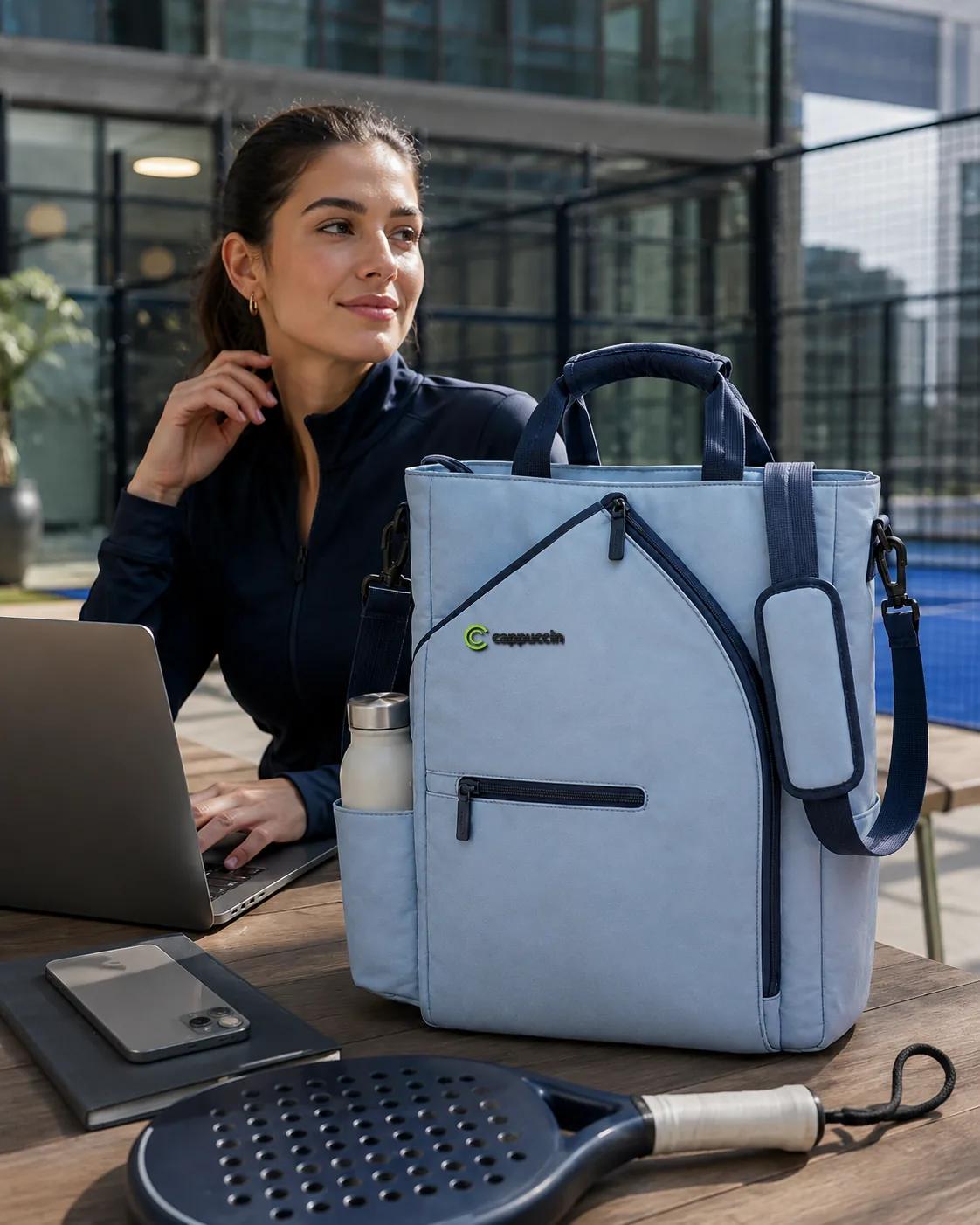 Cappuccino PDB015 padel work tote used beside laptop and racket at an urban padel court