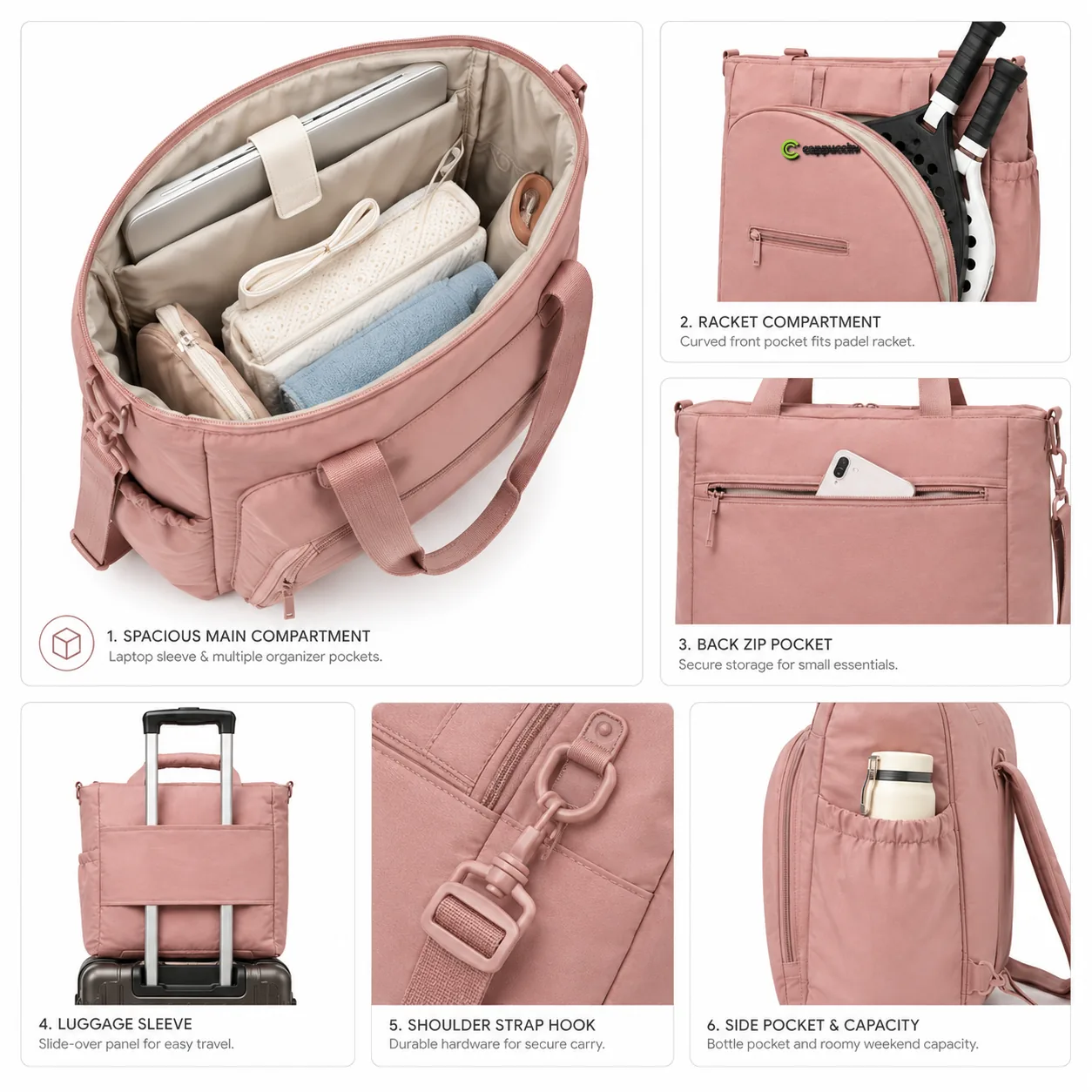 Cappuccino PDB016 details showing large main compartment, racket pocket, luggage sleeve and bottle pocket