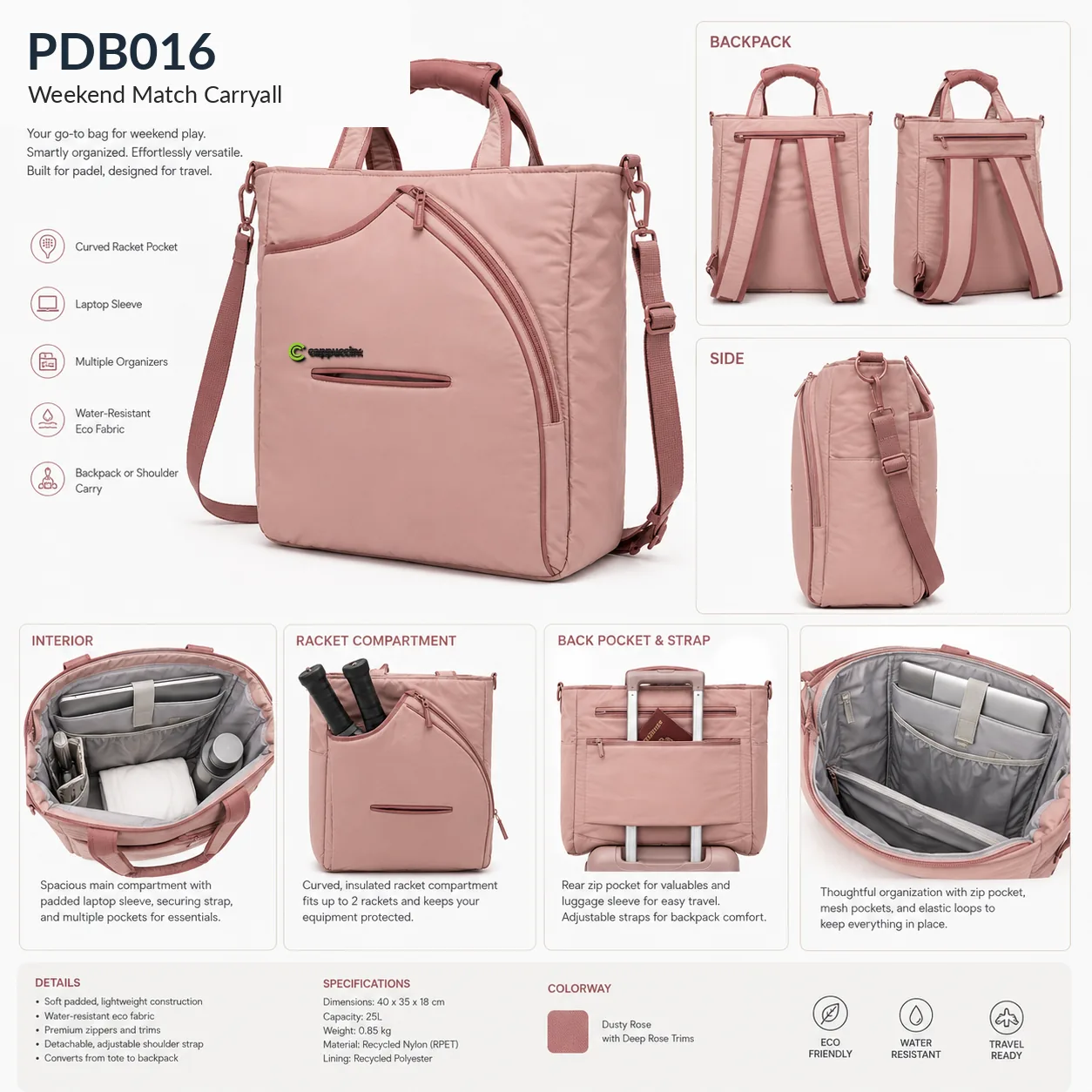 Cappuccino PDB016 weekend match carryall feature infographic