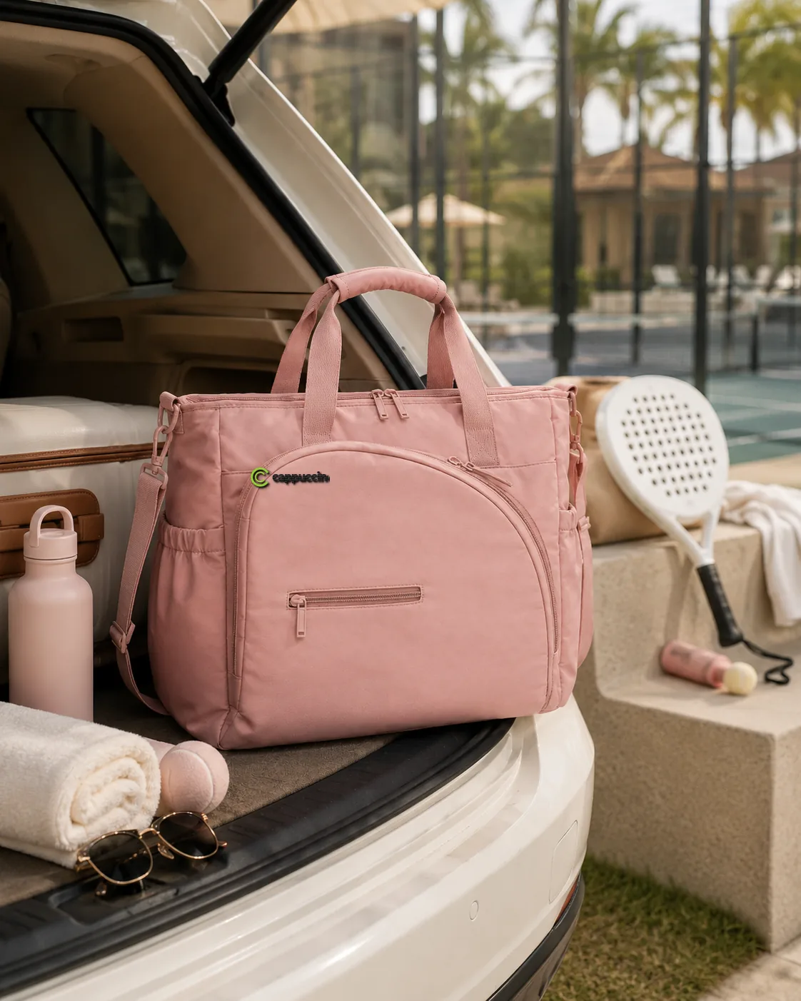 Cappuccino PDB016 weekend padel carryall packed for a club trip beside an open car