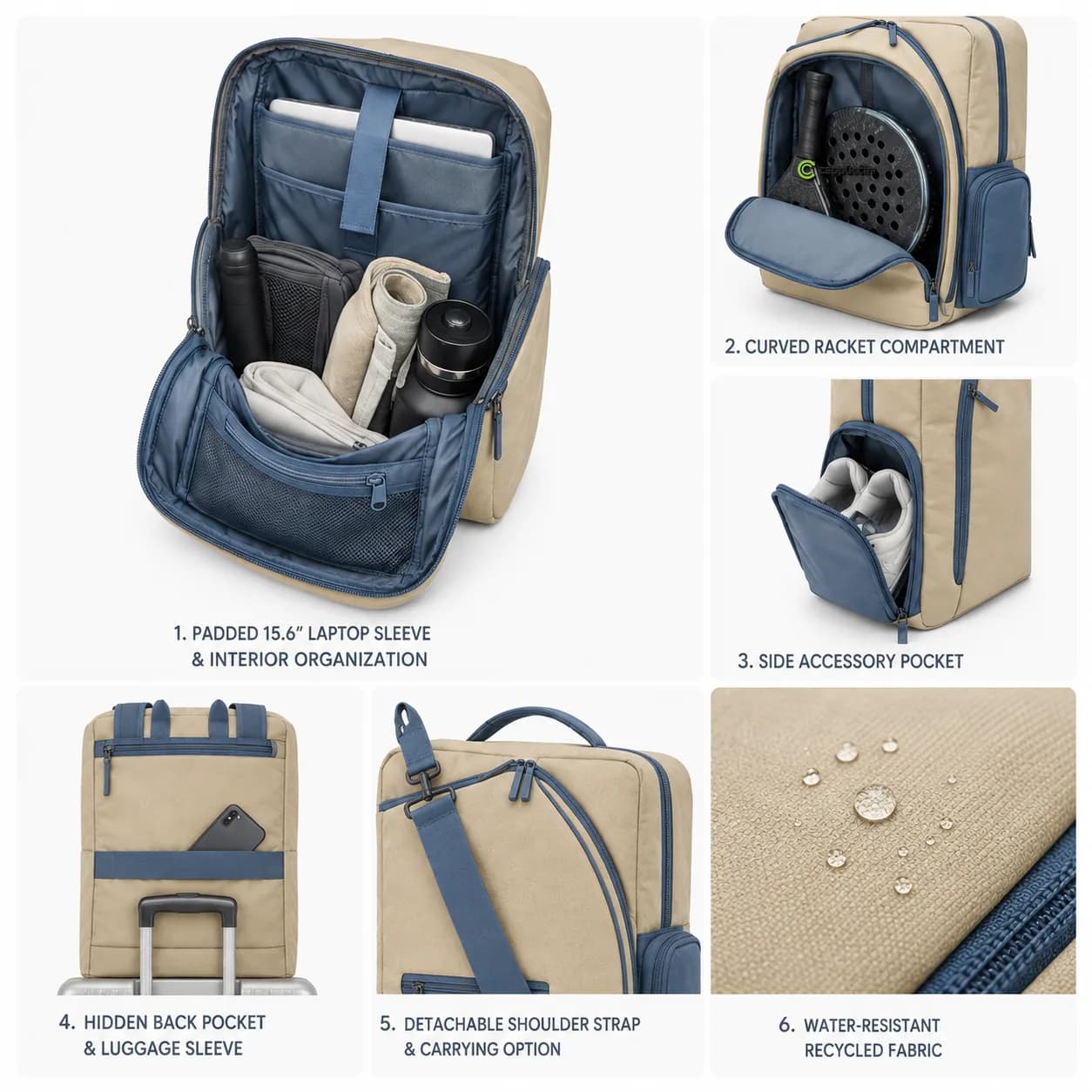 Cappuccino PDB017 details showing 15.6-inch laptop sleeve, racket compartment, shoe pocket and water-resistant fabric