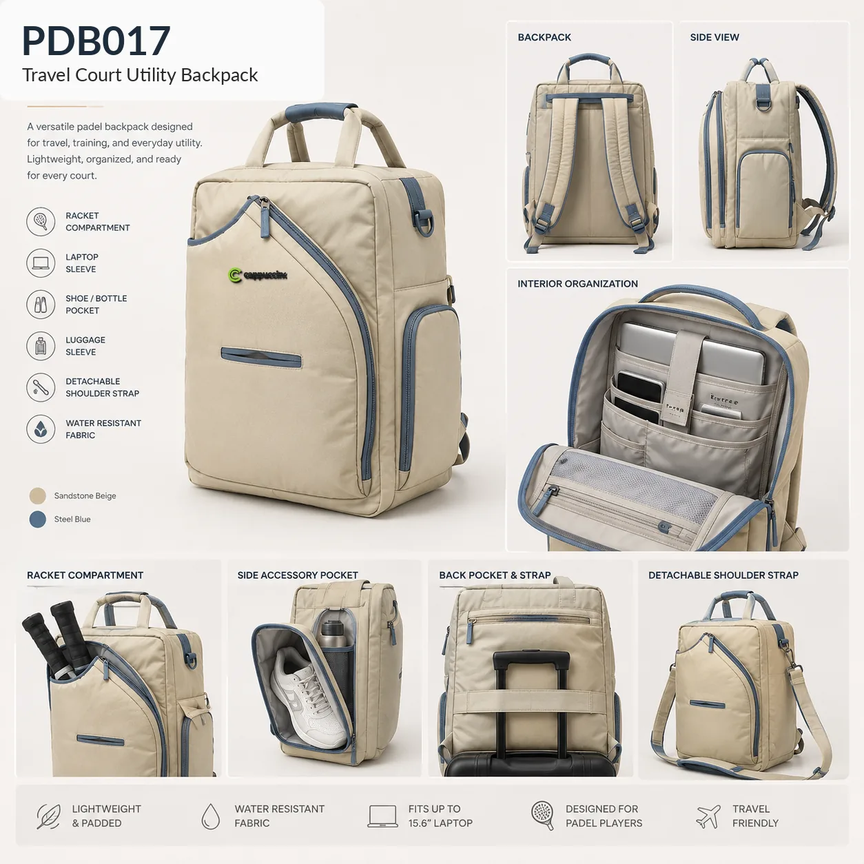 Cappuccino PDB017 travel padel backpack feature infographic