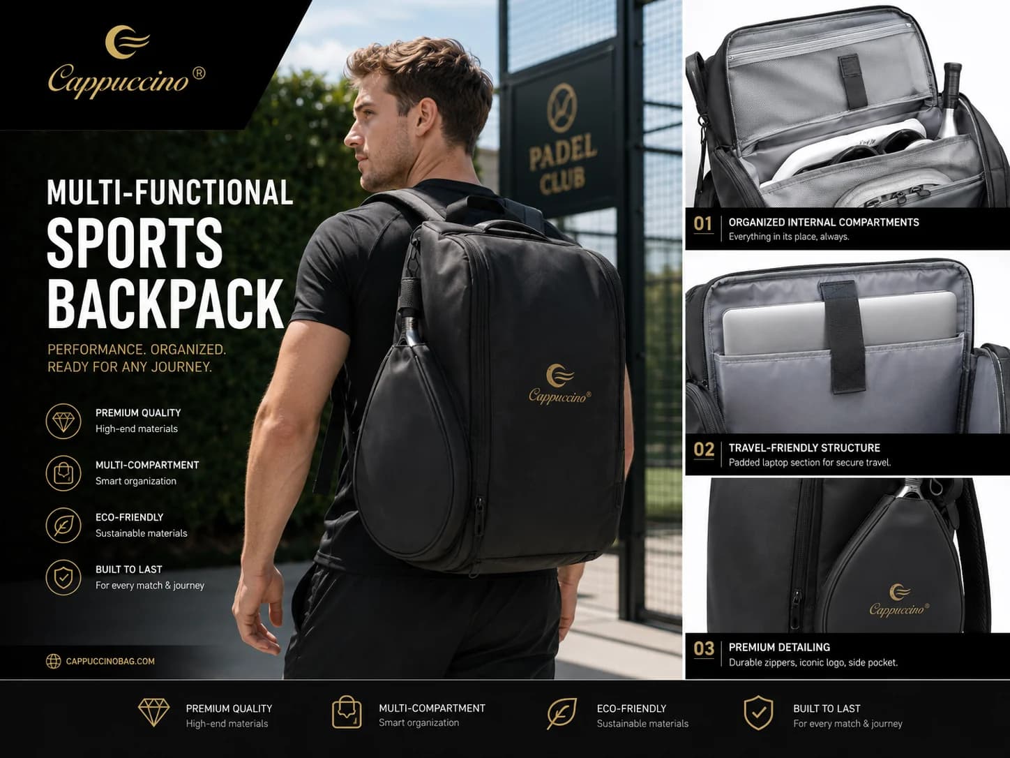 multi functional sports backpack with organized compartments and laptop sleeve for padel travel