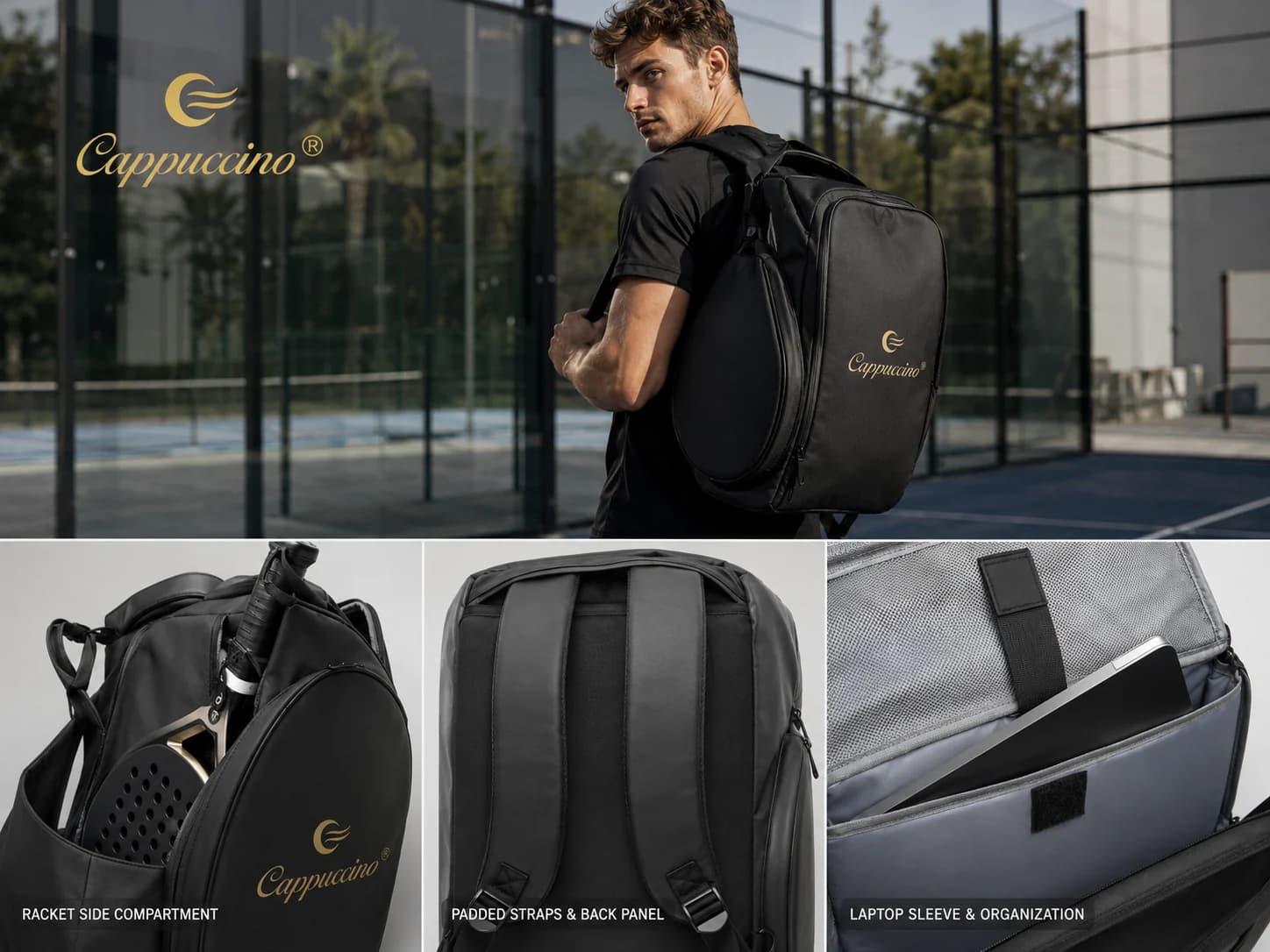 custom black padel backpack with racket side compartment and laptop sleeve
