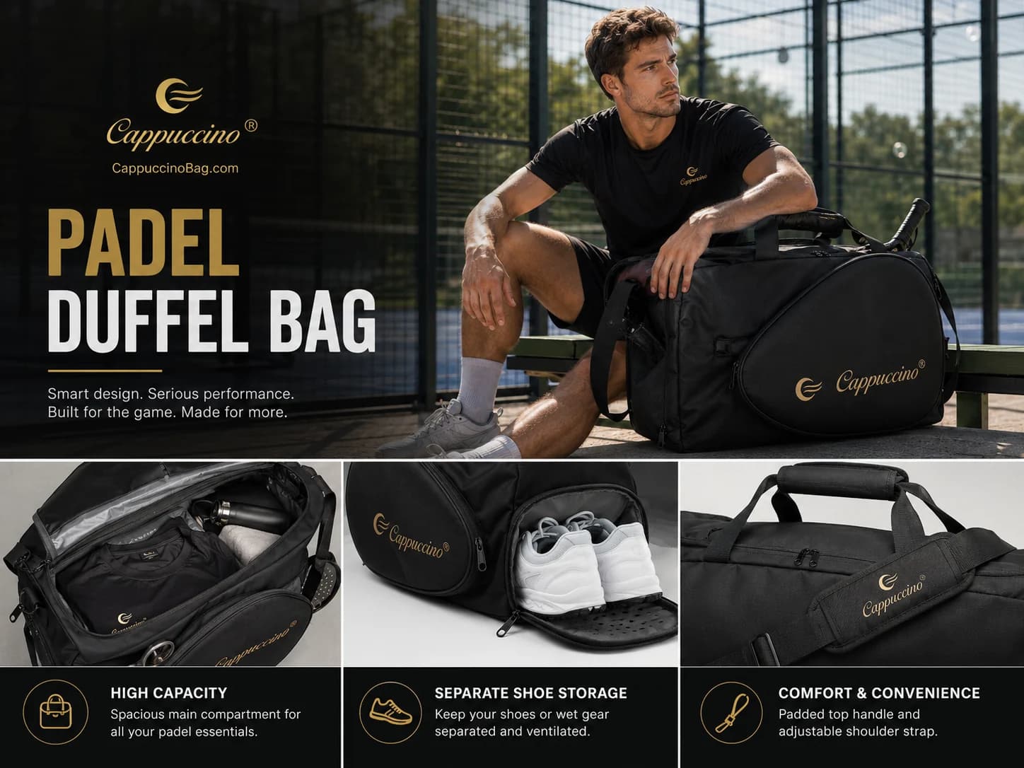 custom padel duffel bag with separate shoe compartment and padded shoulder strap