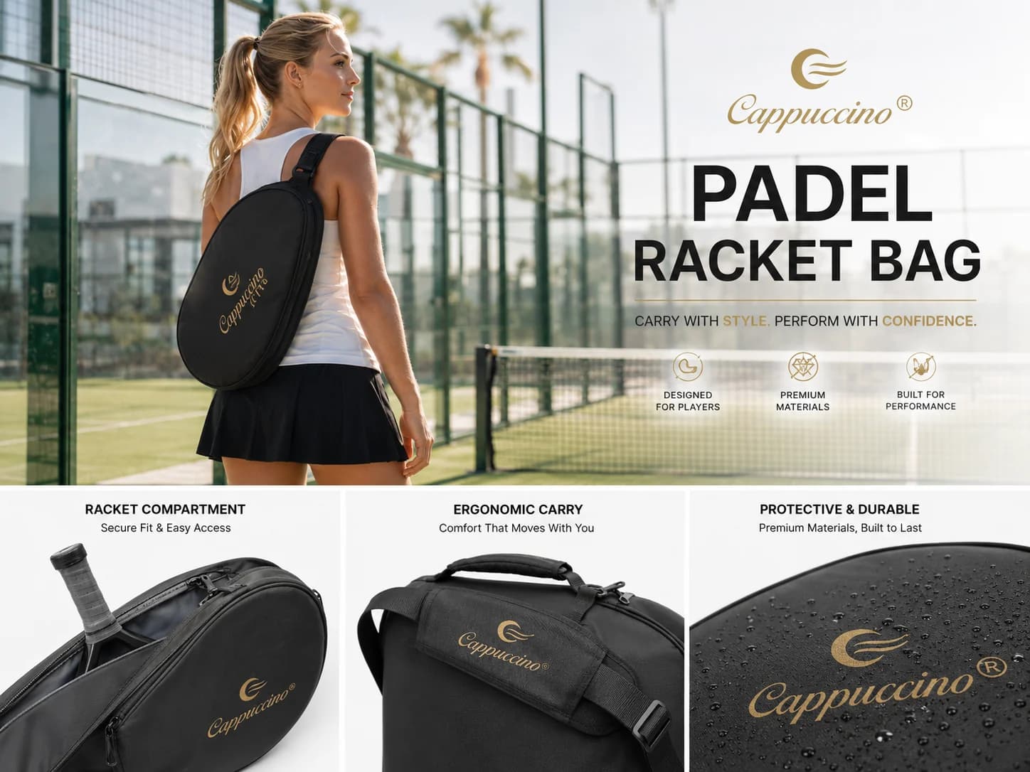 premium black padel racket bag with ergonomic carry strap for private label brands